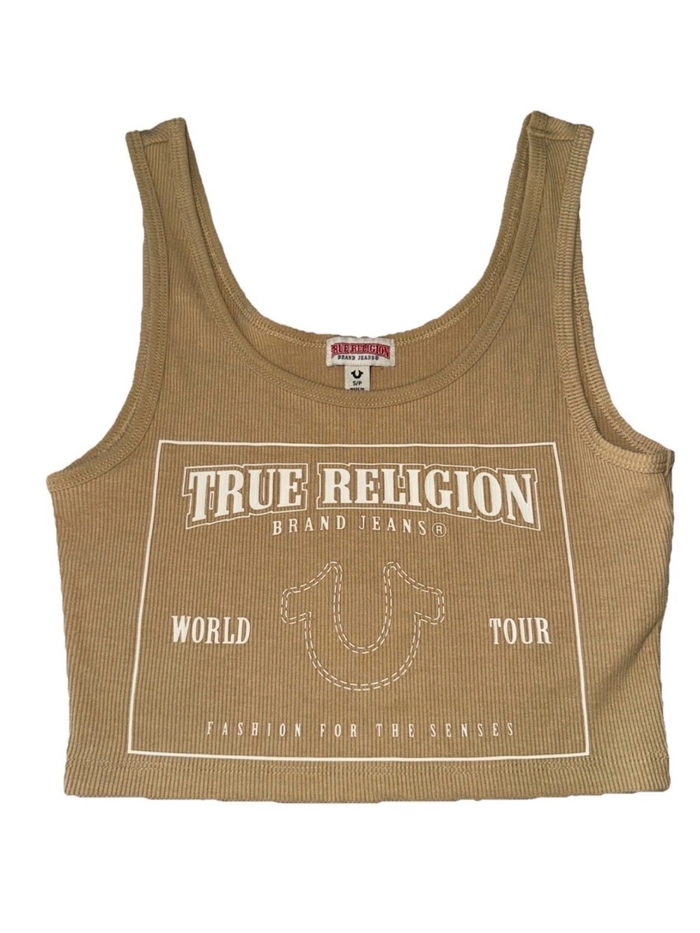 True Religion Tan Ribbed Logo Crop Tank